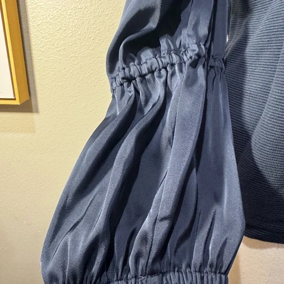 Anthropologie Maeve XL Blue Ribbed Satin Tiered Balloon Sleeve Shirt - Picture 4 of 12